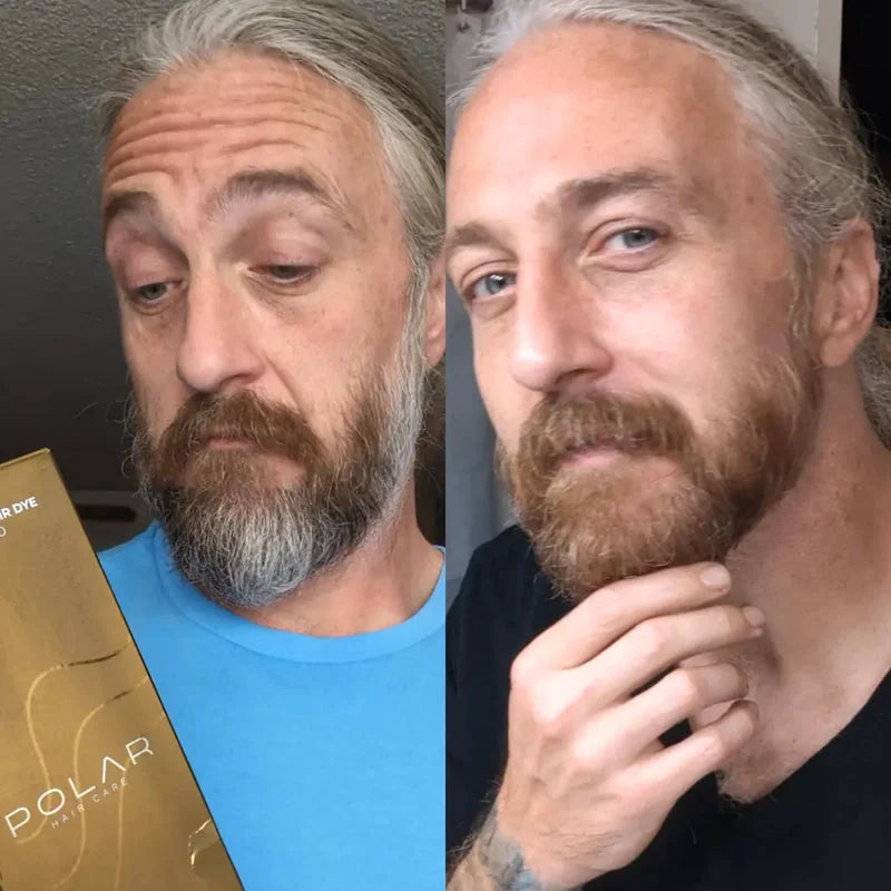 Before and after comparison of a man with Polar hair color product.