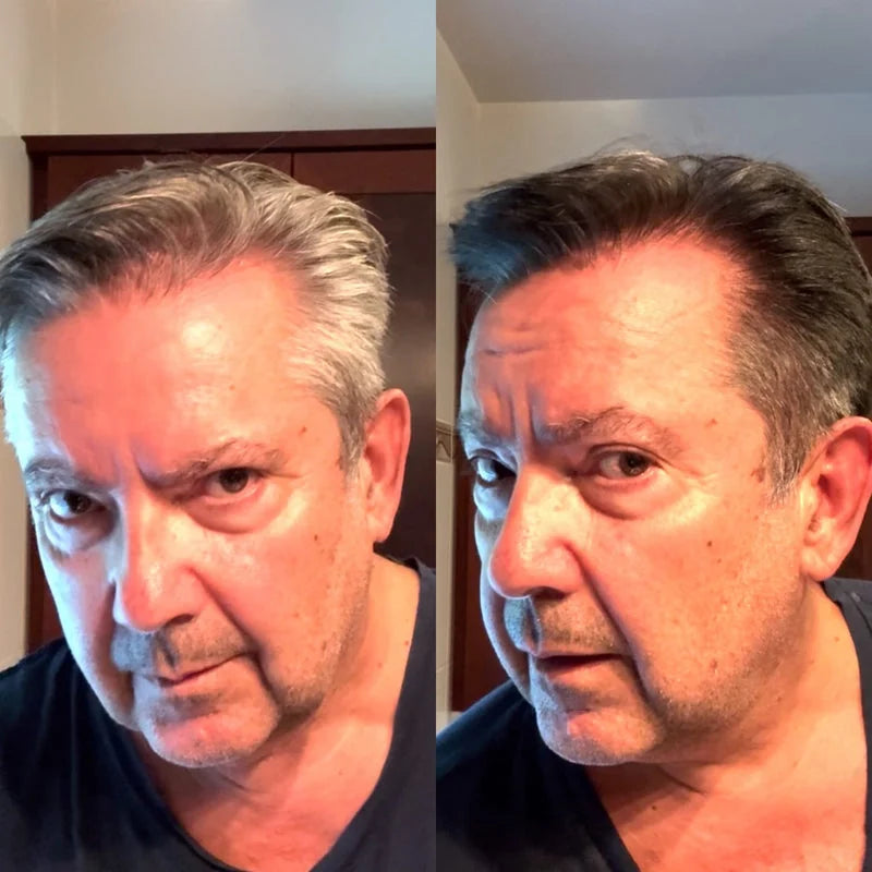 Side-by-side comparison of a man's hair with close-up.