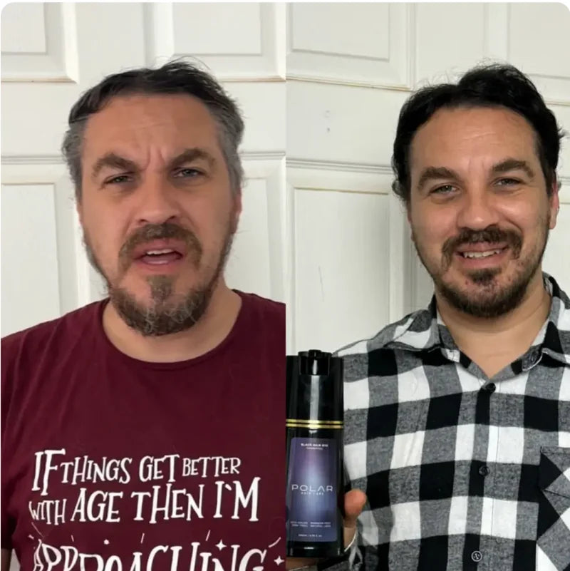 Two men side by side, one holding a bottle of Polar Hair Shampoo.