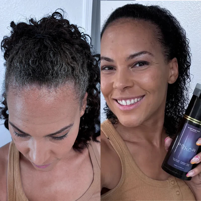 Woman holding a bottle of 'Polar' product with a close-up of her hair on the left.