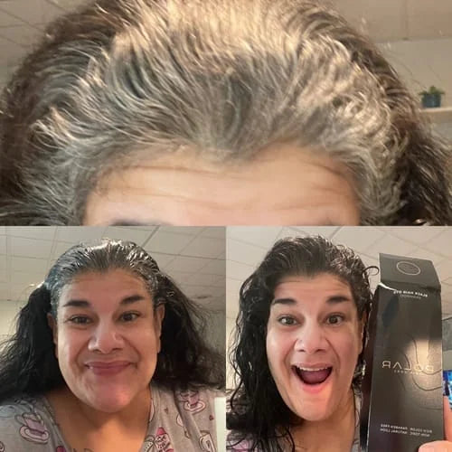 Collage of a person with gray hair, a close-up of their face, and holding a PolarHair care product box.