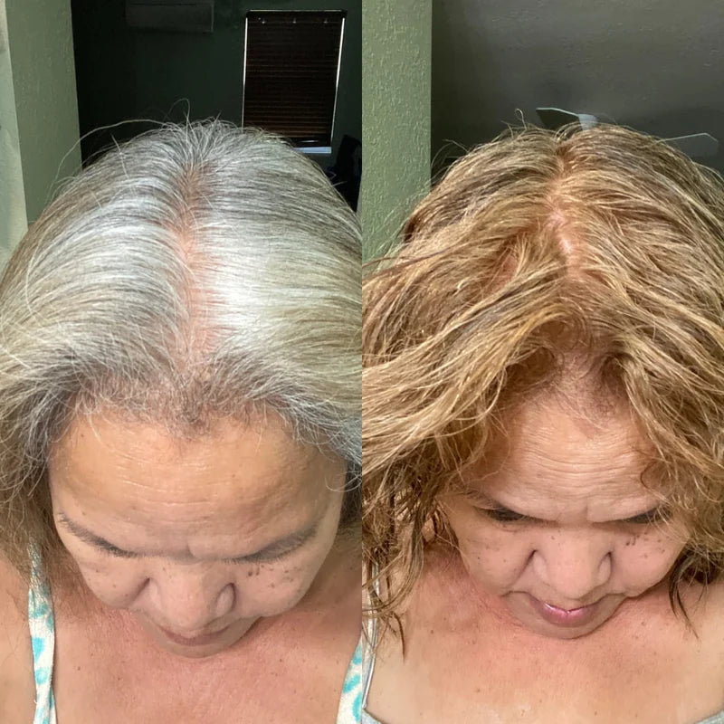Before and after comparison of a person with gray hair and blonde hair.