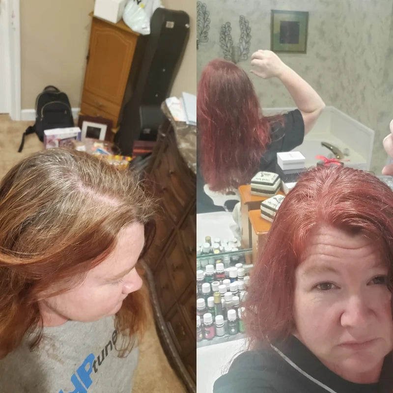Before and after comparison of a person with red hair, showing a change in hair color.