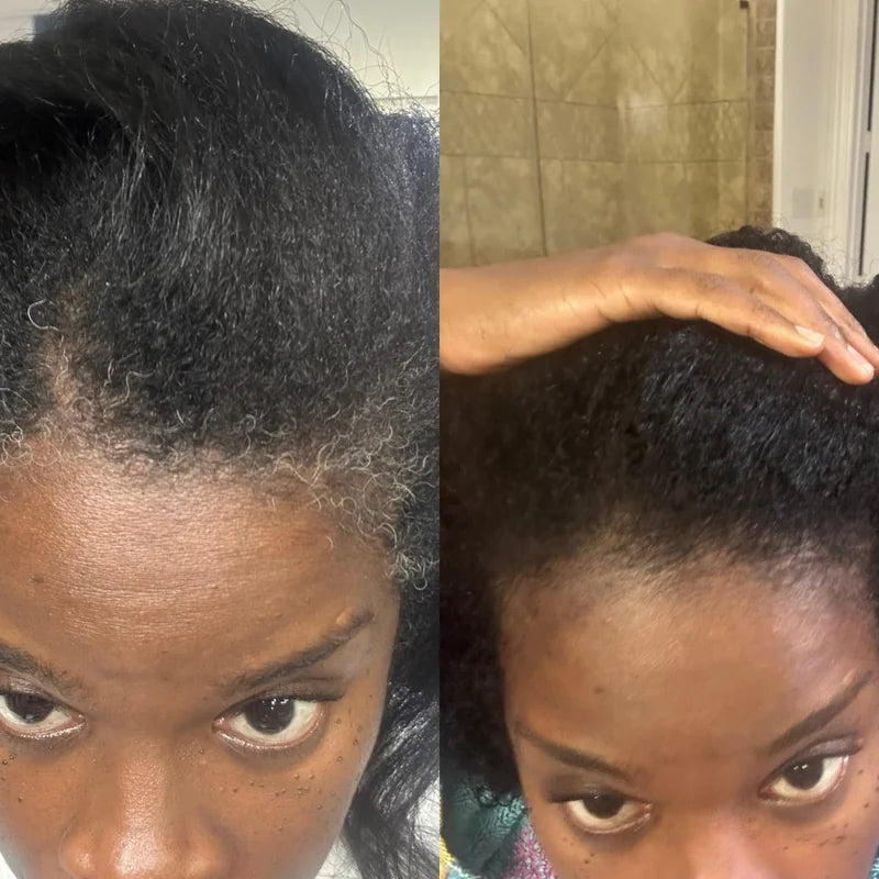 Side-by-side comparison of a person's hair before and after styling.