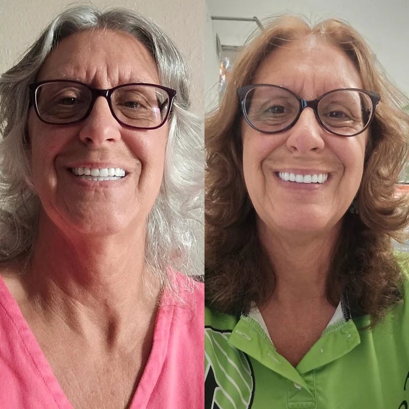 Side-by-side comparison of two women wearing glasses with different hairstyles and clothing.